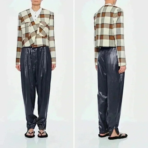 Tibi Dylan Plaid Cream Cropped Jacket Blazer in Ivory Camel Size 12 - Picture 5 of 16